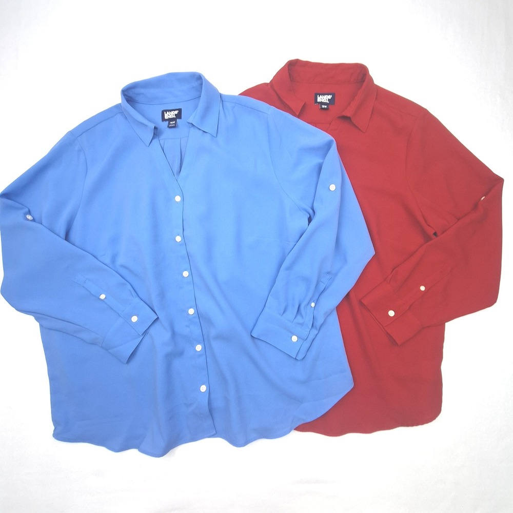 Lands End Blouse Womens 18W Blue Red Roll Tab Sleeve Button Up Lot of 2 Tops